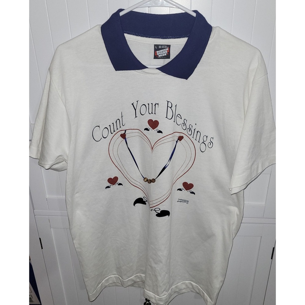 Screen Stars Best USA Count Your Blessings Heart Graphic Polo Shirt ‎ L vintage